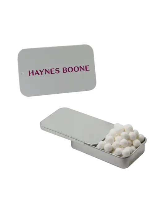Signature Peppermints In Silver Slider Tin w/Haynes & Boone Logo