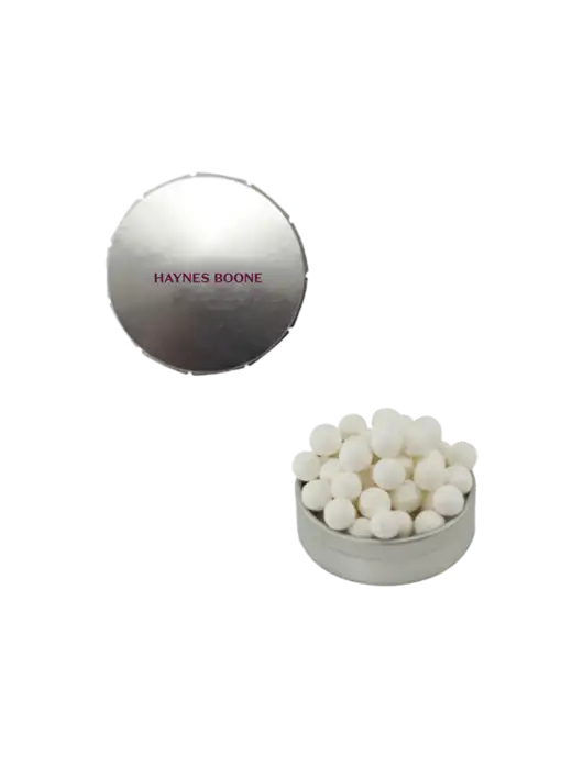 Signature Peppermints In Silver Snap Top Tin  w/Haynes & Boone Logo