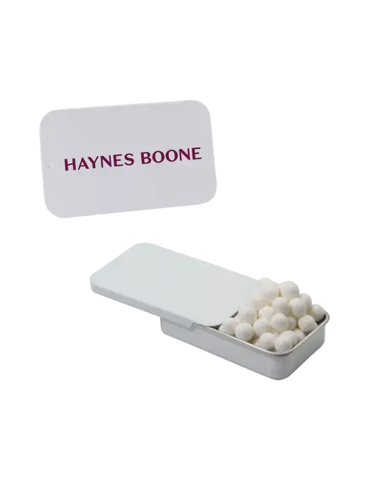 Signature Peppermints In White Slider Tin w/Haynes & Boone Logo
