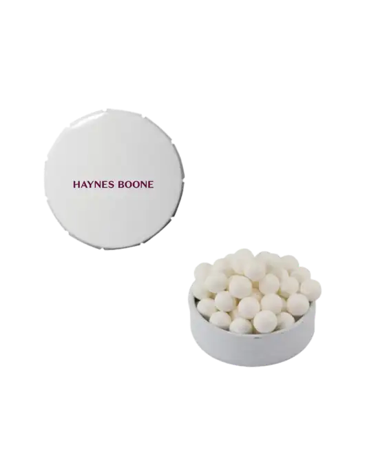 Signature Peppermints In White Snap Top Tin  w/Haynes & Boone Logo
