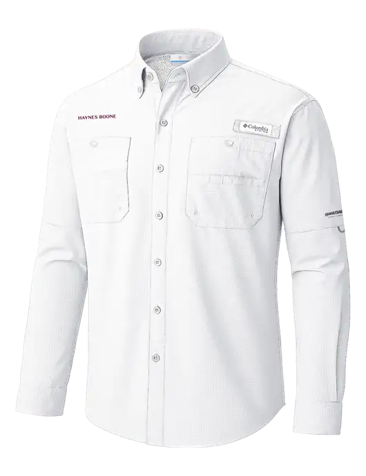 Columbia White PFG Tamiami II Long SleeveShirt w/Haynes & Boone Logo