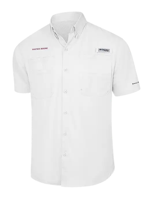 Columbia White PFG Tamiami II Short Sleeve Shirt w/Haynes & Boone Logo