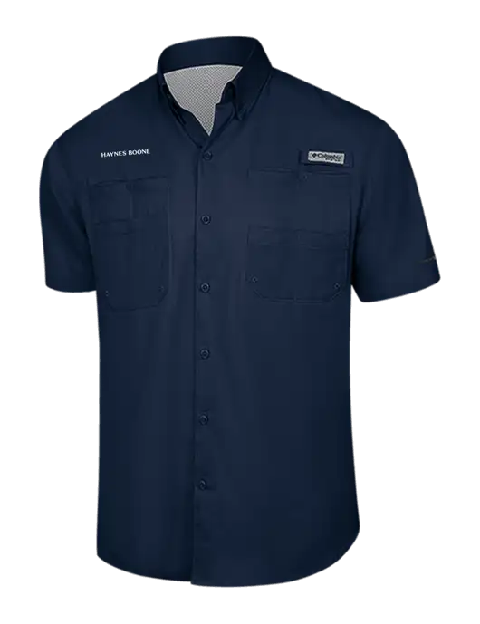 Columbia Navy PFG Tamiami II Short Sleeve Shirt w/Haynes & Boone Logo