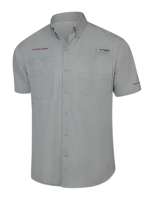 Columbia Light Grey PFG Tamiami II Short Sleeve Shirt w/Haynes & Boone Logo