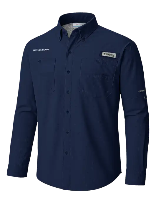 Columbia Navy PFG Tamiami II Long SleeveShirt w/Haynes & Boone Logo