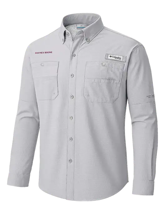 Columbia Cool Grey PFG Tamiami II Long SleeveShirt w/Haynes & Boone Logo