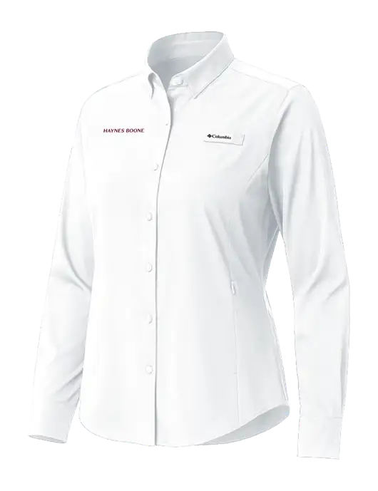 Columbia White Womens PFG Tamiami II Long Sleeve Shirt w/Haynes & Boone Logo