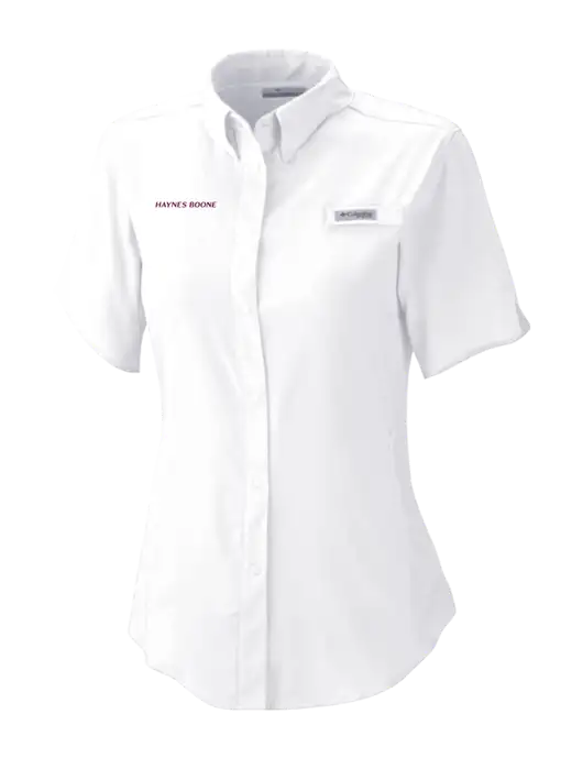 Columbia White Womens PFG Tamiami II Short Sleeve Shirt w/Haynes & Boone Logo