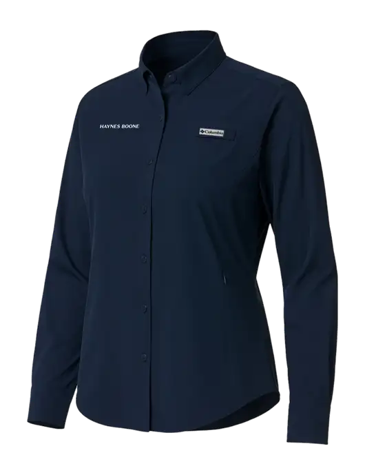 Columbia Navy Womens PFG Tamiami II Long Sleeve Shirt w/Haynes & Boone Logo