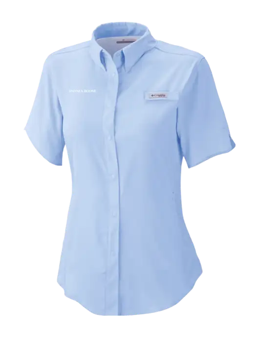 Columbia Light Blue Womens PFG Tamiami II Short Sleeve Shirt w/Haynes & Boone Logo