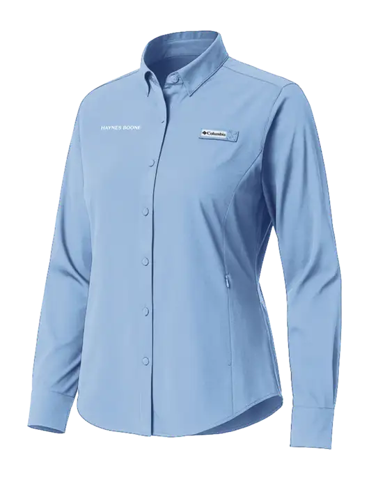 Columbia Light Blue Womens PFG Tamiami II Long Sleeve Shirt w/Haynes & Boone Logo