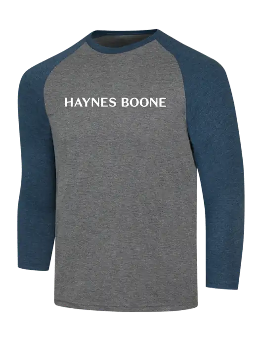 Simply Soft 3/4 Sleeve Navy Frost/Grey Frost Ring Spun Cotton T-Shirt w/Haynes & Boone Logo