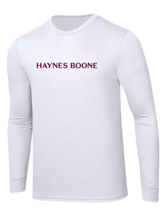 Simply Soft Long Sleeve White 4.5 oz, Poly/Combed Ring Spun Cotton T-Shirt w/Haynes & Boone Logo