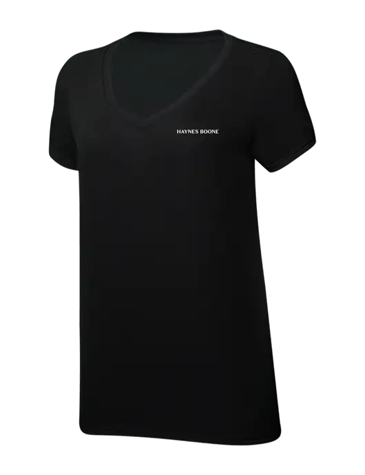 Womens Simply Soft V-Neck Black 4.5oz  Poly/Combed Ring Spun Cotton T-Shirt w/Haynes & Boone Logo