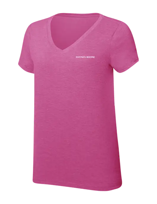 Womens Simply Soft V-Neck Fuschia Frost 4.5oz  Poly/Combed Ring Spun Cotton T-Shirt w/Haynes & Boone Logo