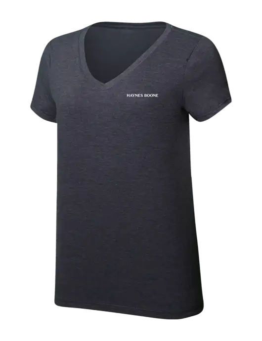 Womens Simply Soft V-Neck Heather Charcoal 4.5oz  Poly/Combed Ring Spun Cotton T-Shirt w/Haynes & Boone Logo