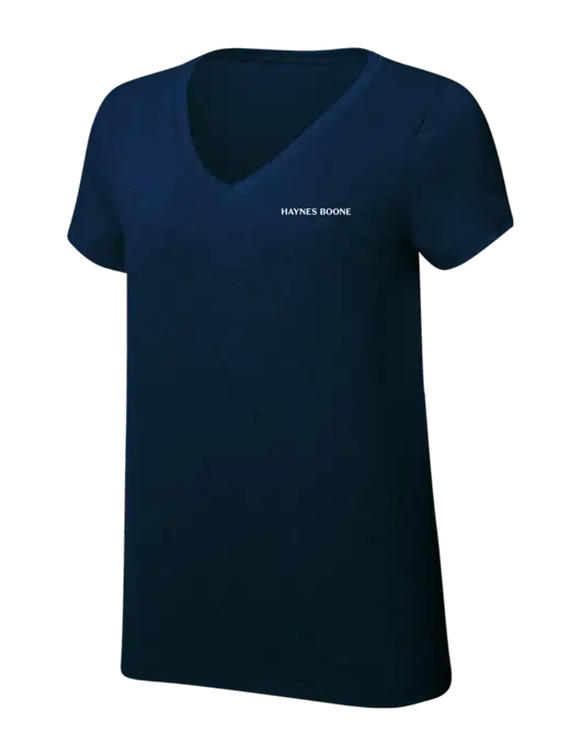 Womens Simply Soft V-Neck New Navy 4.5oz  Poly/Combed Ring Spun Cotton T-Shirt w/Haynes & Boone Logo