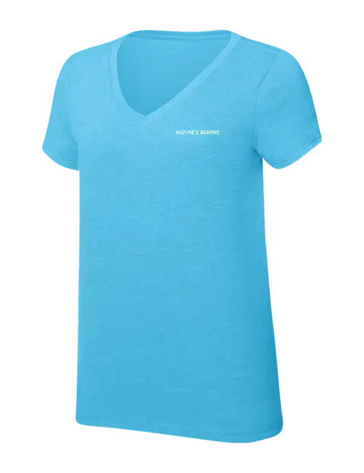 Womens Simply Soft V-Neck Turquoise Frost 4.5oz  Poly/Combed Ring Spun Cotton T-Shirt w/Haynes & Boone Logo
