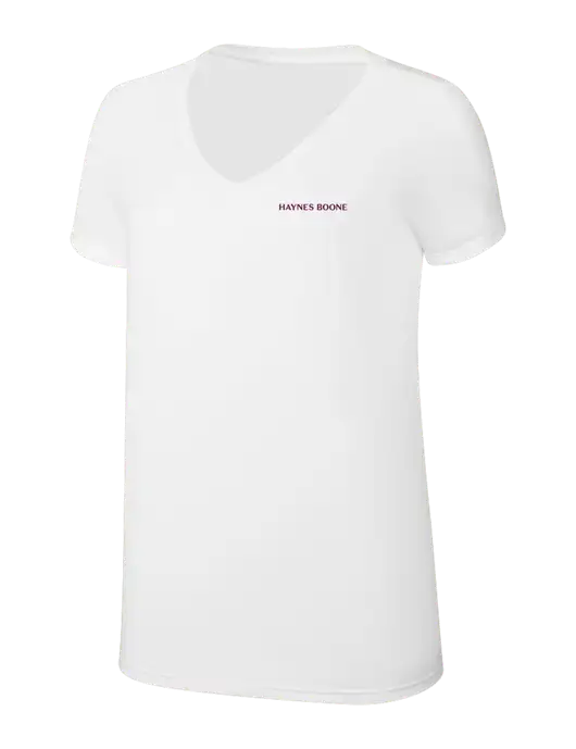 Womens Simply Soft V-Neck White 4.5oz  Poly/Combed Ring Spun Cotton T-Shirt w/Haynes & Boone Logo