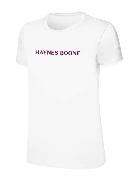 Womens Ring Spun White 4.5 oz T-Shirt w/Haynes & Boone Logo