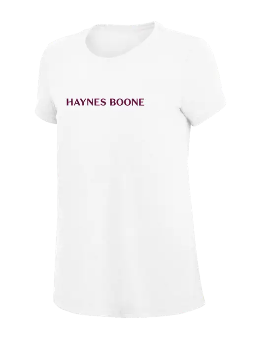 Womens Simply Soft White 4.5oz Poly/Combed Ring Spun Cotton T-Shirt
 w/Haynes & Boone Logo