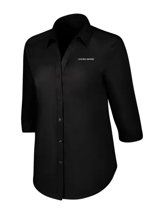 Womens Black 3/4 Sleeve Carefree Poplin Shirt w/Haynes & Boone Logo