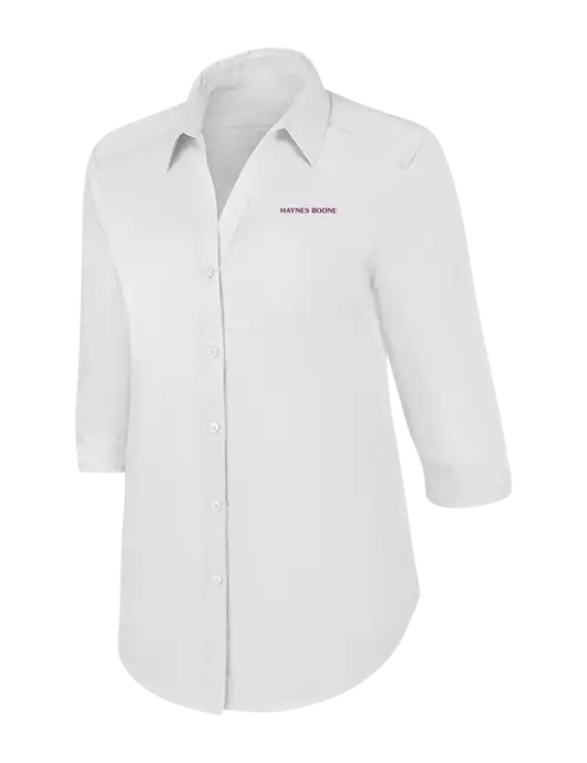 Womens White 3/4 Sleeve Carefree Poplin Shirt w/Haynes & Boone Logo