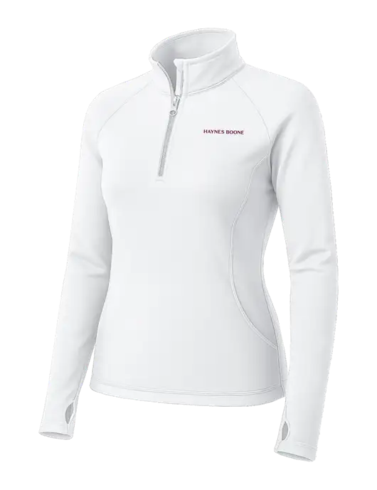 White Womens Sport Wick Stretch 1/4 Zip Pullover w/Haynes & Boone Logo