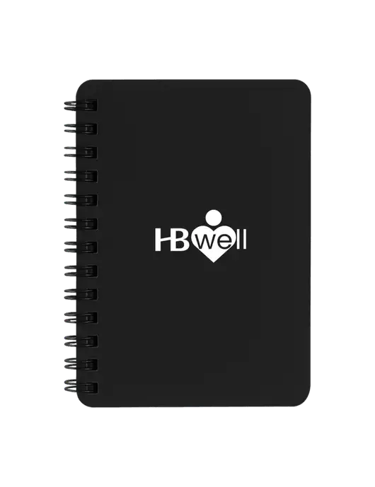Sturdy Black Hardcover Notebook, 5.25 x 7 w/Wellness Logo