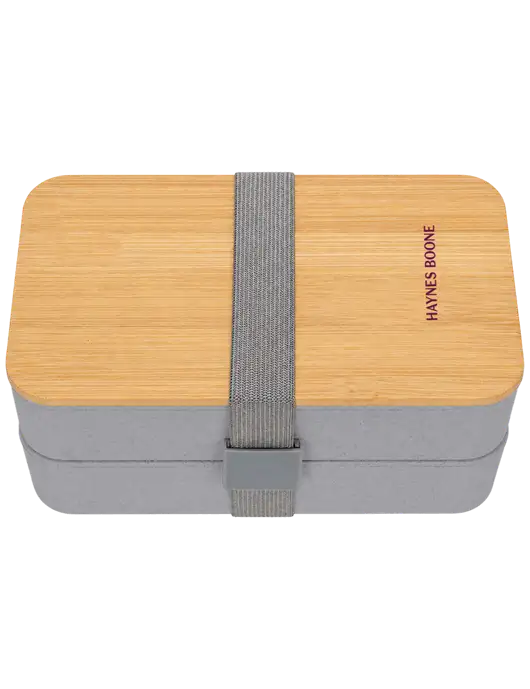 Double Decker Light Medium Grey Lunch Box w/Eco-Friendly FSC Bamboo Lid & Reusable Utensils w/Haynes & Boone Logo