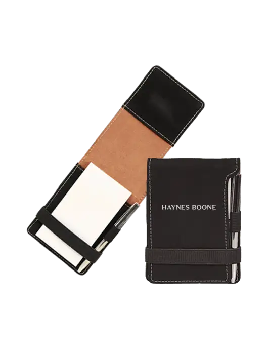 Black Leatherette Mini Notepad with Pen,  3.25 x 4.75 w/Haynes & Boone Logo