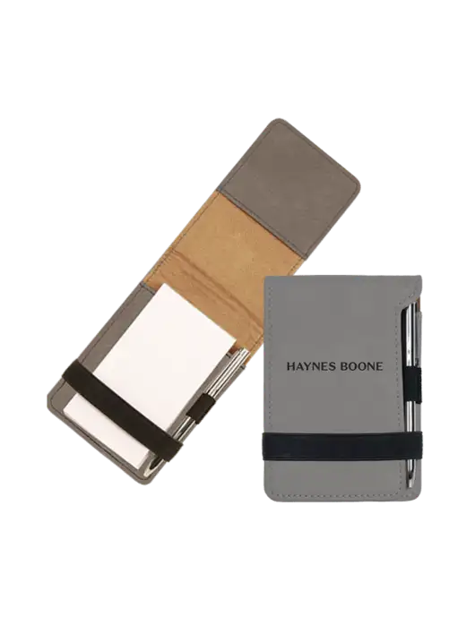 Grey Leatherette Mini Notepad with Pen,  3.25 x 4.75 w/Haynes & Boone Logo