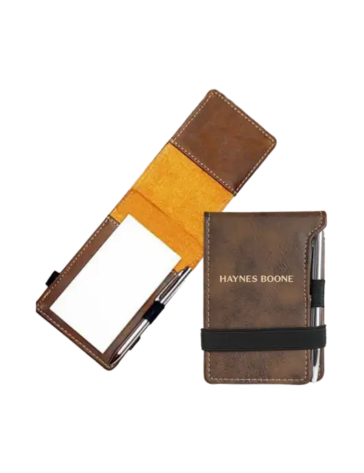 Rustic Leatherette Mini Notepad w/Pen, 3.25 x 4.75 w/Haynes & Boone Logo