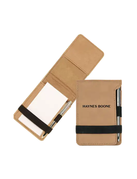 Tan Leatherette Mini Notepad with Pen,  3.25 x 4.75 w/Haynes & Boone Logo