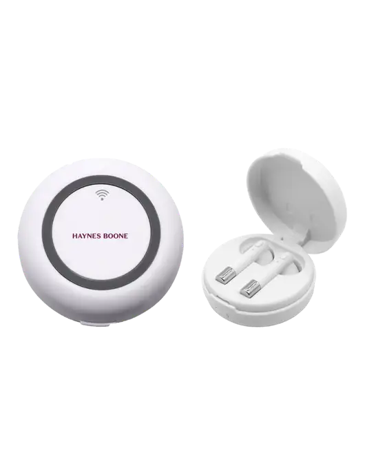 Harmony White Wireless Earbuds and Charging Pad w/Haynes & Boone Logo