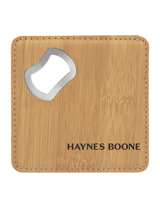 Bamboo Leatherette Coaster with Bottle Opener w/Haynes & Boone Logo