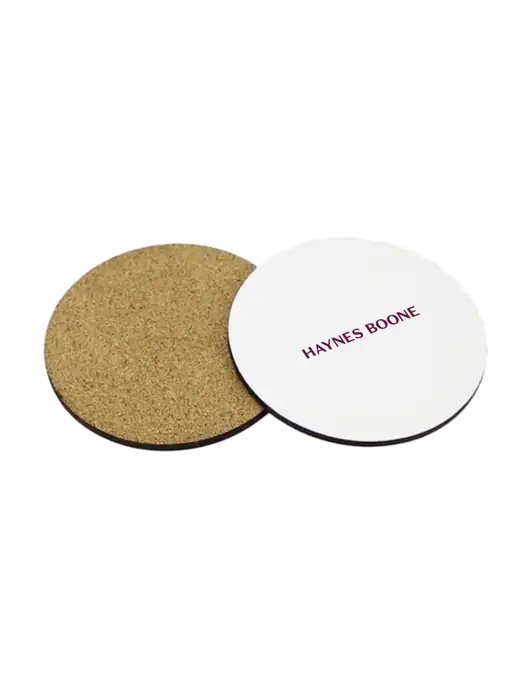 Gloss White Hardboard Round Coaster w/Cork Back, 3.75 w/Haynes & Boone Logo