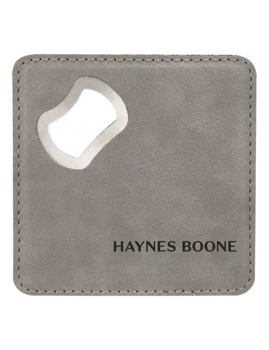 Grey Leatherette Coaster with Bottle Opener w/Haynes & Boone Logo