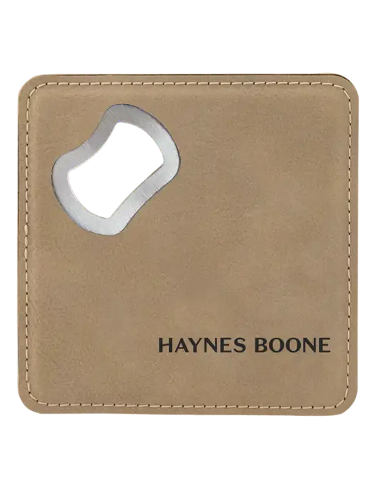 Tan Leatherette Bottle Opener Coaster w/Haynes & Boone Logo
