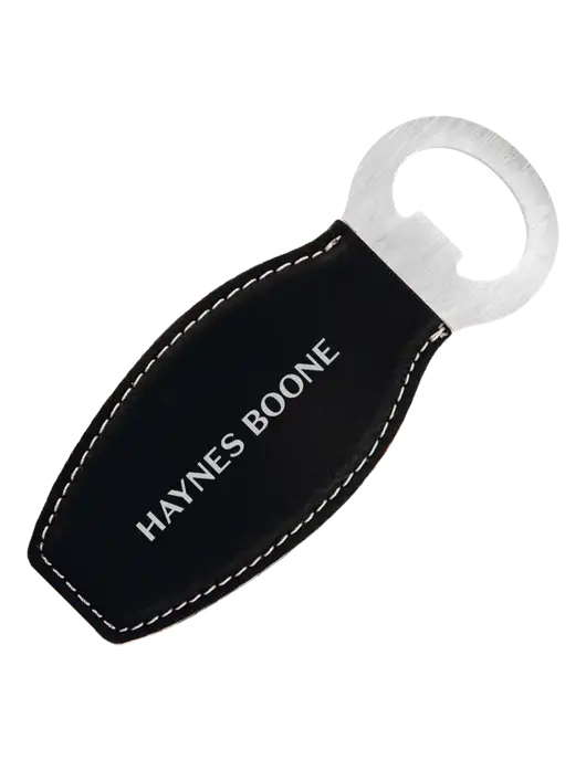 Black Leatherette Bottle Opener with Magnet w/Haynes & Boone Logo