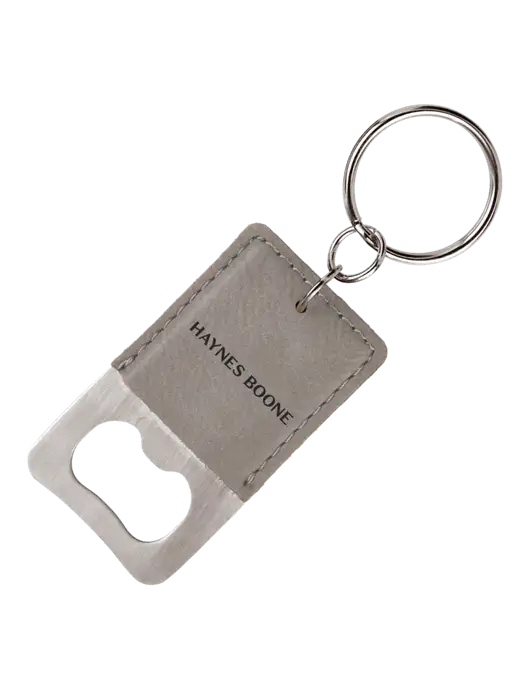 Grey Leatherette Rectangle Bottle Opener Keychain w/Haynes & Boone Logo