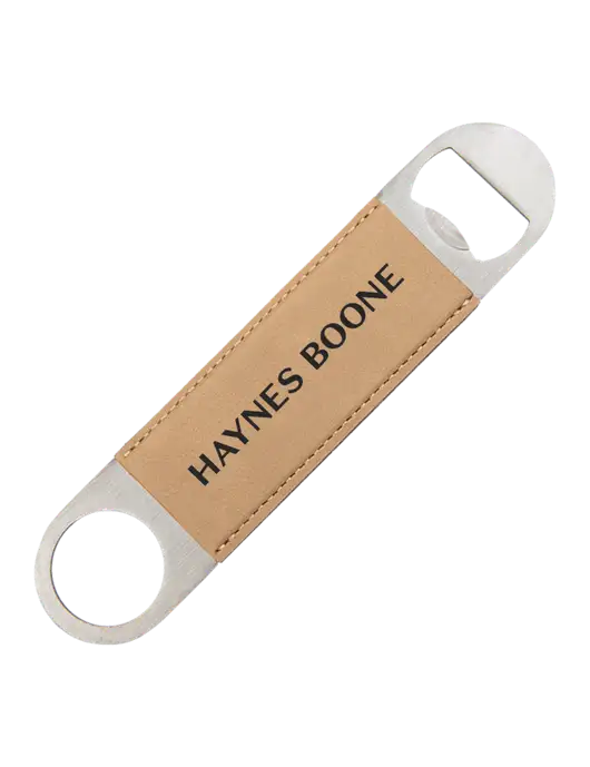 Tan Leatherette Bottle Opener w/Haynes & Boone Logo