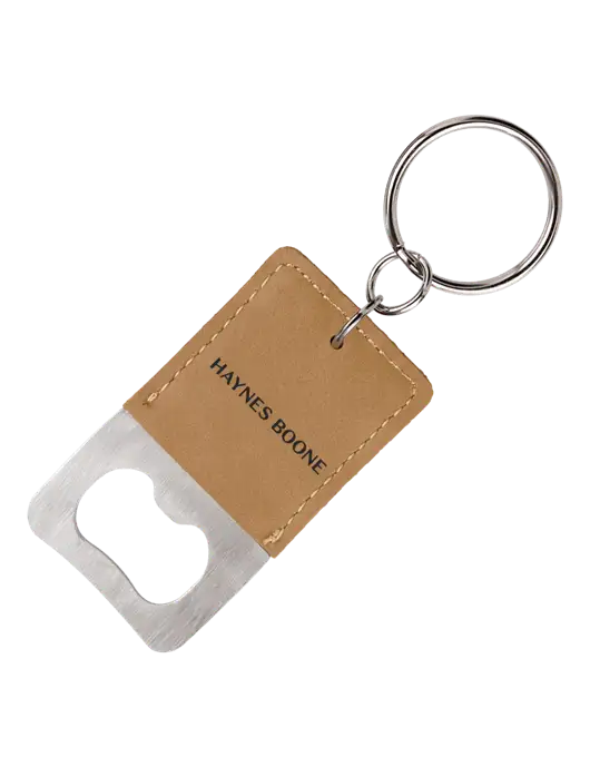 Tan Leatherette Rectangle Bottle Opener Keychain w/Haynes & Boone Logo