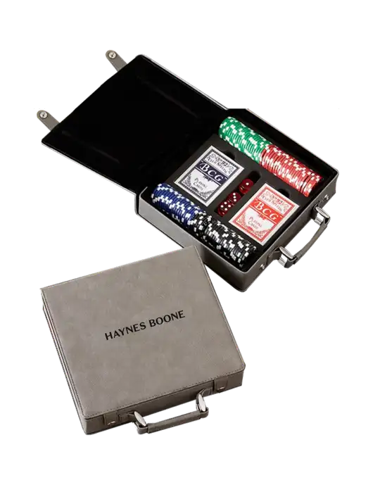 Grey Leatherette 100 Chip Poker Set w/Haynes & Boone Logo