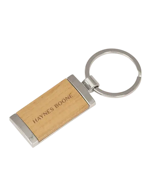 Wood & Silver Rectangle Keychain w/Haynes & Boone Logo