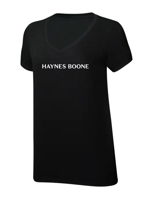 Womens Simply Soft V-Neck Black 4.5oz  Poly/Combed Ring Spun Cotton T-Shirt w/Haynes & Boone Logo