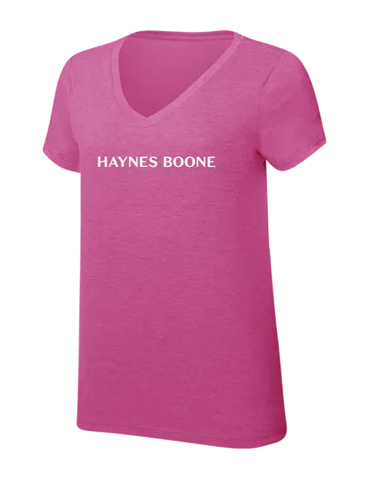 Womens Simply Soft V-Neck Fuschia Frost 4.5oz  Poly/Combed Ring Spun Cotton T-Shirt w/Haynes & Boone Logo