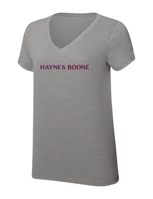 Womens Simply Soft V-Neck Grey Frost 4.5oz  Poly/Combed Ring Spun Cotton T-Shirt w/Haynes & Boone Logo