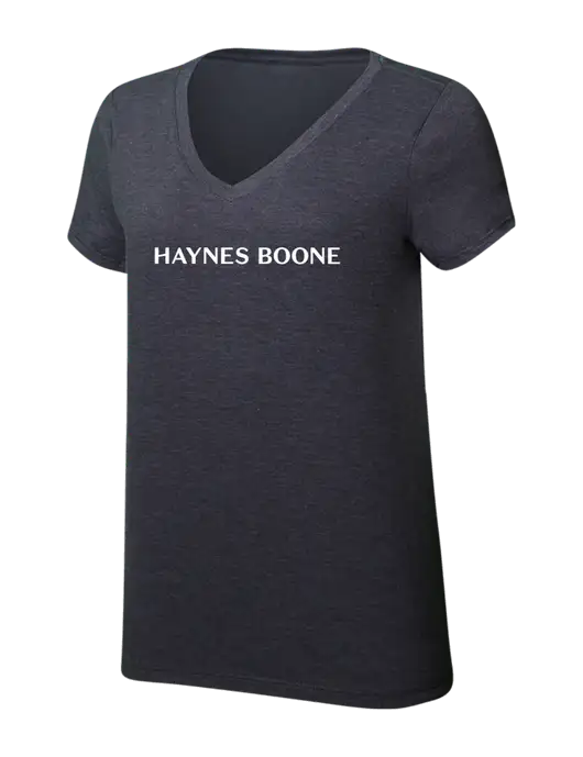 Womens Simply Soft V-Neck Heather Charcoal 4.5oz  Poly/Combed Ring Spun Cotton T-Shirt w/Haynes & Boone Logo
