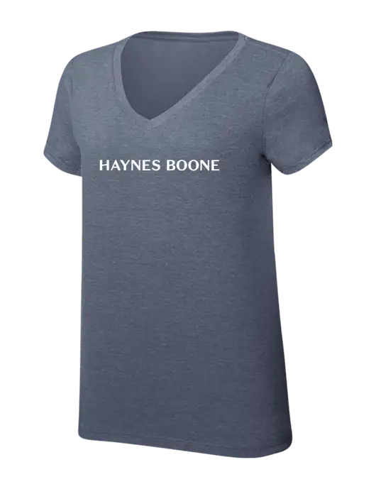 Womens Simply Soft V-Neck Navy Frost 4.5oz  Poly/Combed Ring Spun Cotton T-Shirt w/Haynes & Boone Logo